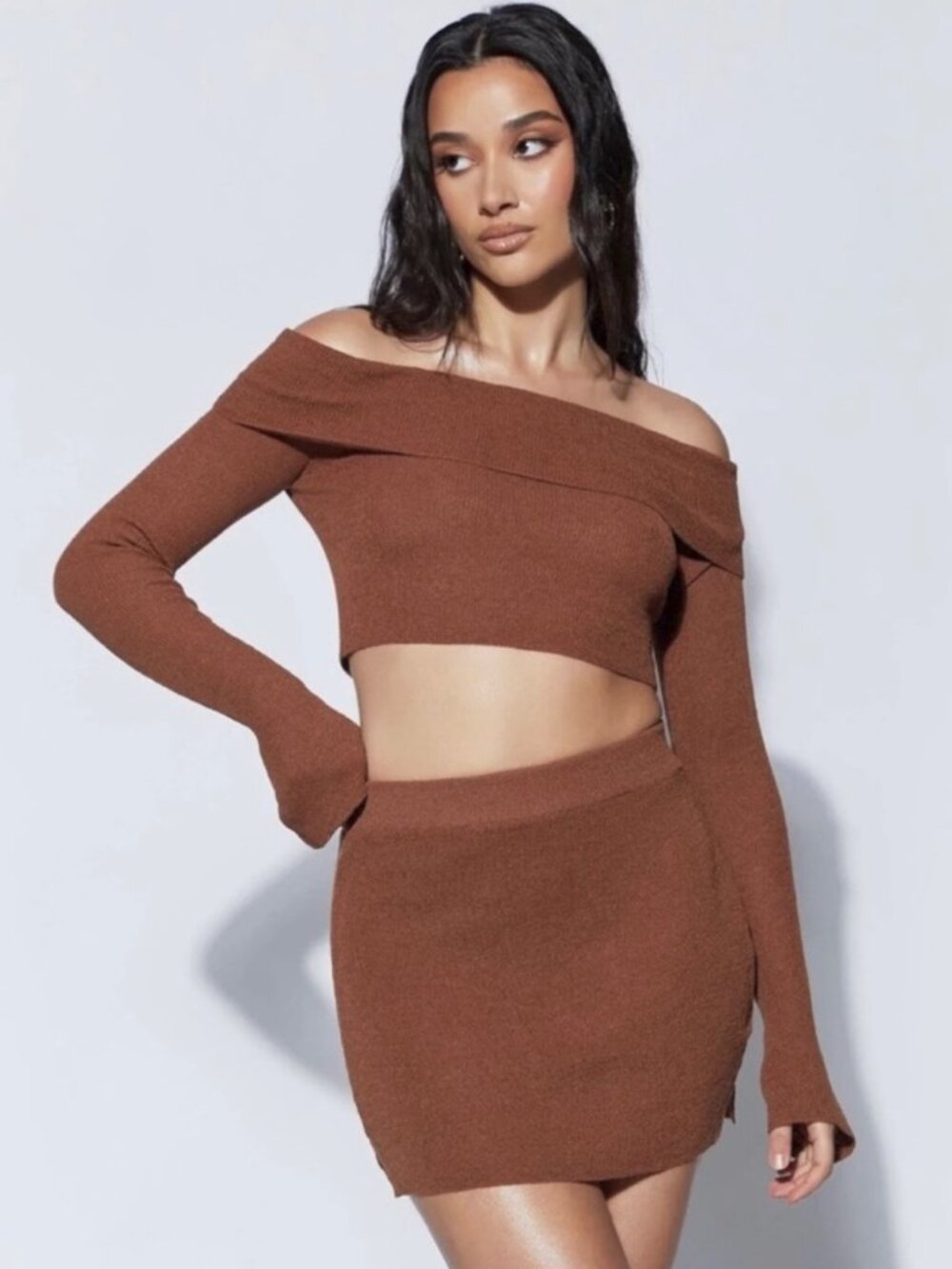 MESHKI ESME OFF SHOULDER LONG SLEEVE KNIT TOP CLAY L